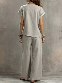 SHEIN 女款兩件套：優雅V領綁腰短袖套頭上衣 + 長褲，適合戶外、休閒、度假、通勤、商務、聚會、旅行 - 卡其色 - 查看 2