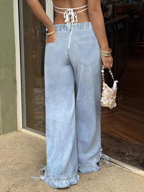 Breezaya Plus Size Women's Loose Casual Denim Jeans With Pocket And Tie Hem Design