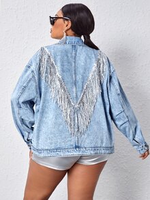 BriallanyX BriallanyX Plus Fringe Trim Denim Jacket - Light Wash - View 4