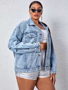 BriallanyX BriallanyX Plus Fringe Trim Denim Jacket - Light Wash - View 6