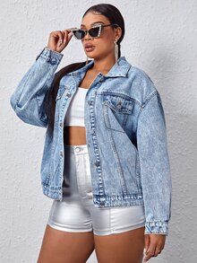 BriallanyX BriallanyX Plus Fringe Trim Denim Jacket - Light Wash - View 5