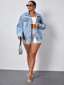 BriallanyX BriallanyX Plus Fringe Trim Denim Jacket - Light Wash - View 8