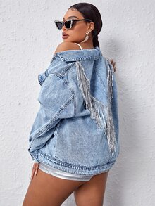 BriallanyX BriallanyX Plus Fringe Trim Denim Jacket - Light Wash - View 7