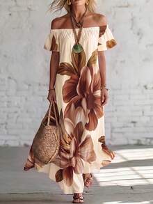 SHEIN Holidaya Women's Floral Print Off-Shoulder Loose Long Dress For Vacation - Brown - View 4