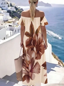 SHEIN Holidaya Women's Floral Print Off-Shoulder Loose Long Dress For Vacation - Brown - View 2