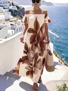 SHEIN Holidaya Women's Floral Print Off-Shoulder Loose Long Dress For Vacation - Brown - View 5