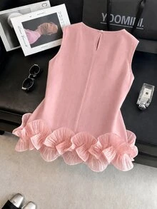 SHEIN Franclia Atasan Tank Tanpa Lengan Wanita Elegan untuk Musim Semi/Panas, Cocok untuk Acara Santai & Kencan. Leher Bulat, Lapisan Ganda Satin, Hem Berumbai. - Berwarna merah muda - View 2
