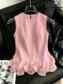 SHEIN Franclia Atasan Tank Tanpa Lengan Wanita Elegan untuk Musim Semi/Panas, Cocok untuk Acara Santai & Kencan. Leher Bulat, Lapisan Ganda Satin, Hem Berumbai. - Berwarna merah muda - View 5