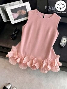 SHEIN Franclia Atasan Tank Tanpa Lengan Wanita Elegan untuk Musim Semi/Panas, Cocok untuk Acara Santai & Kencan. Leher Bulat, Lapisan Ganda Satin, Hem Berumbai. - Berwarna merah muda - View 4