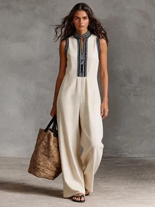 SHEIN Women's Geometric Print Cutout V-Neck Casual Sleeveless Jumpsuit - Apricot - View 2