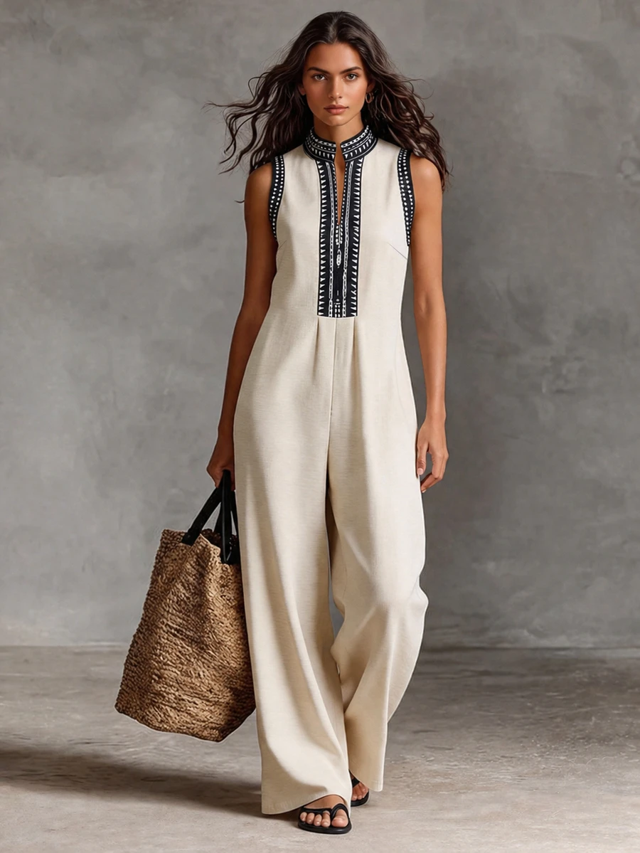 SHEIN Women's Geometric Print Cutout V-Neck Casual Sleeveless Jumpsuit