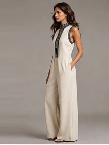 SHEIN Women's Geometric Print Cutout V-Neck Casual Sleeveless Jumpsuit - Apricot - View 5