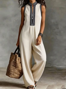 SHEIN Women's Geometric Print Cutout V-Neck Casual Sleeveless Jumpsuit - Apricot - View 4