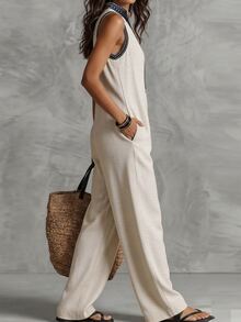 SHEIN Women's Geometric Print Cutout V-Neck Casual Sleeveless Jumpsuit - Apricot - View 7