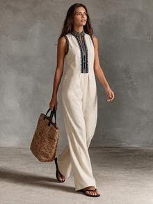 SHEIN Women's Geometric Print Cutout V-Neck Casual Sleeveless Jumpsuit - Apricot - View 6