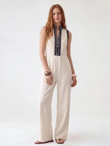 SHEIN Women's Geometric Print Cutout V-Neck Casual Sleeveless Jumpsuit - Apricot - View 3