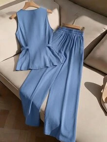 SHEIN 女款 2 件套：無袖修身背心上衣配金屬扣；直筒寬腿長褲；優雅休閒辦公商務淺藍色夏季 - 藍色 - 查看 4