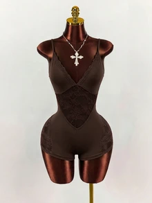 BamGleam Summer Sexy Lace Patchwork Fitted Romper Unitard Club Party Brown - Coffee Brown - View 4