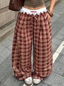 Coolane 女款抽繩腰格紋寬腿寬鬆休閒長褲 - 酒紅色 - 查看 3