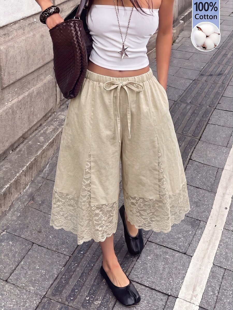 Coolane 女款腰部綁帶對比蕾絲寬腿寬鬆5英寸短褲 - 杏色 - 查看 1
