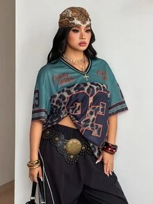 Coolane 男女大尺碼夏季秋季街頭風比賽日畢業休閒網眼豹紋黑色V領棒球球衣T恤萬聖節派對 - 彩色 - 查看 7