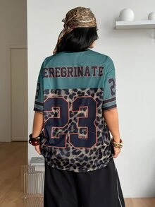 Coolane 男女大尺碼夏季秋季街頭風比賽日畢業休閒網眼豹紋黑色V領棒球球衣T恤萬聖節派對 - 彩色 - 查看 3