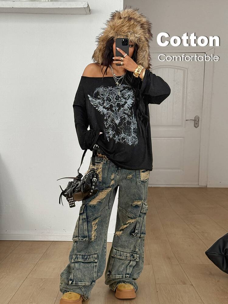 Coolane Women's Winter Goth Grunge Y2K Chic Cupid Graphics Comfortable Asymmetrical Neck Off The Shoulder 34%Cotton Black Long Sleeve T-Shirt - Black - View 2