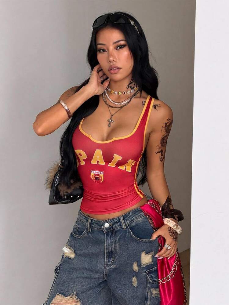Coolane Women's Summer Streetwear Sportswear Casual Vintage Letter Print Tank Top, Summer Spain Top Summer Tops Y2k Red And Yellow Tank Top Women - Red - View 7