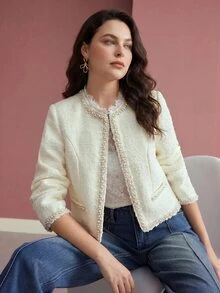 MOTF PREMIUM WOMEN'S PLUS SIZE SEQUIN FAUX PEARL BEADED CONTRAST TRIM JACKET WINTER - Beige - View 7
