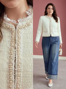 MOTF PREMIUM WOMEN'S PLUS SIZE SEQUIN FAUX PEARL BEADED CONTRAST TRIM JACKET WINTER - Beige - View 8