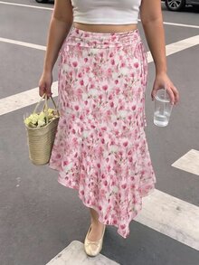 SHEIN MOD 女款復古休閒優雅花卉印花抽繩收腰抓皺不規則下擺度假風波希米亞夏季秋季晚餐裙 粉色花卉 - 粉色 - 查看 7