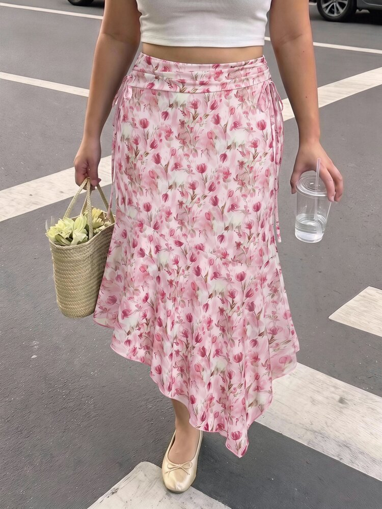 SHEIN MOD 女款復古休閒優雅花卉印花抽繩收腰抓皺不規則下擺度假風波希米亞夏季秋季晚餐裙 粉色花卉 - 粉色 - 查看 7
