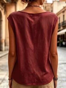 SHEIN 女款純色圓領休閒百搭日常穿著襯衫 - 酒紅色 - 查看 2