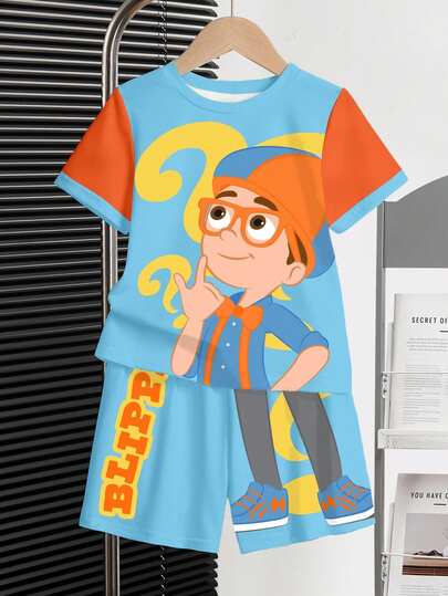 Blippi X SHEIN Conjunto de camiseta de cuello redondo de manga corta con estampado gráfico de dibujos animados y pantalones cortos para niño