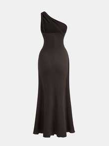 SHEIN Kids Teen Girls Partywear Brown Off-Shoulder, Ruched, Cut-Out, High-Slit Gown With Metallic Floral Embellishment, Robe Chic, Back To School - Coffee Brown - View 2
