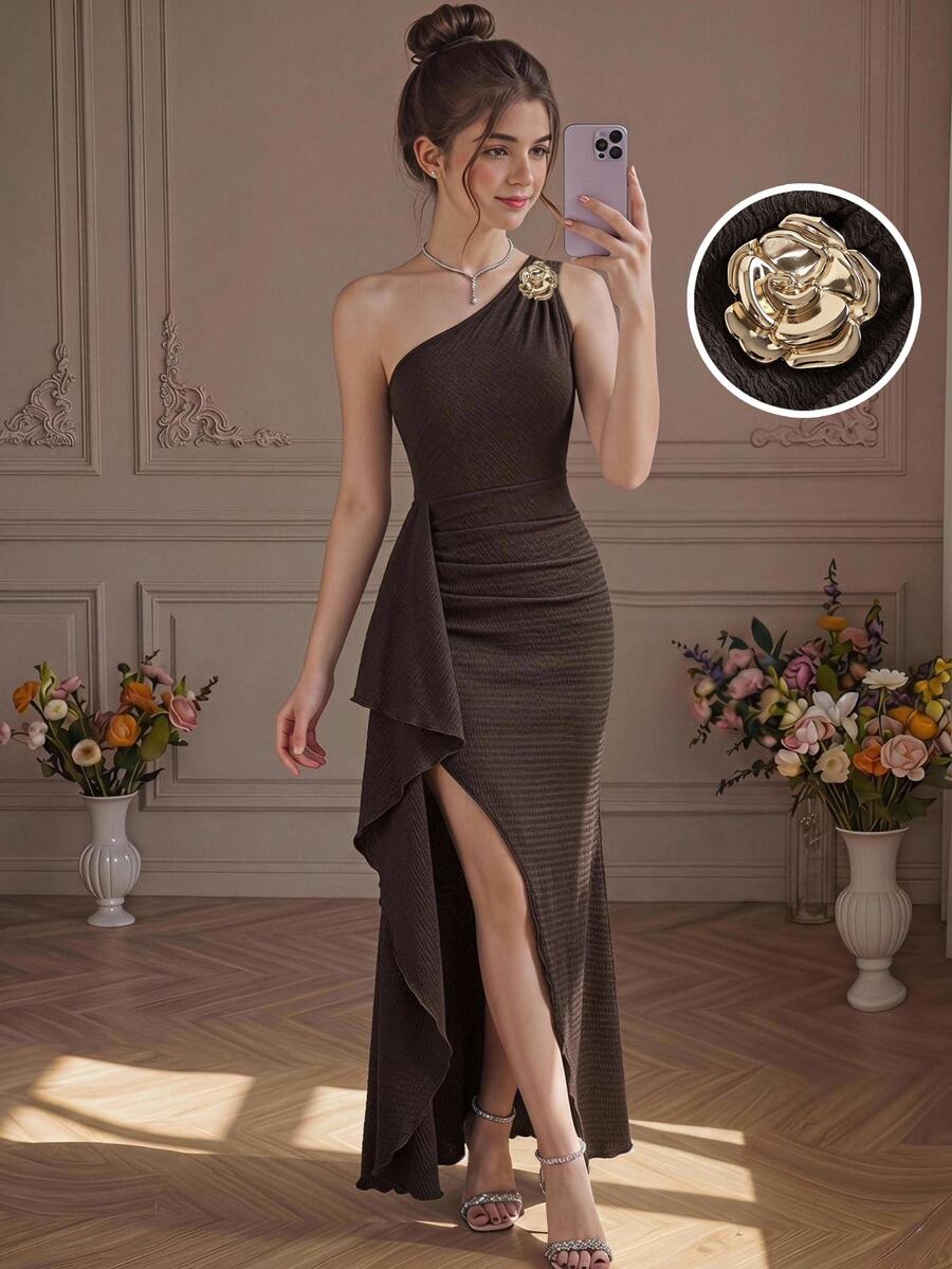 SHEIN Kids Teen Girls Partywear Brown Off-Shoulder, Ruched, Cut-Out, High-Slit Gown With Metallic Floral Embellishment, Robe Chic, Back To School - Coffee Brown - View 1