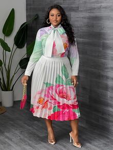SHEIN CURVE+ فستان قميص مطبوع بالزهور للنساء مقاس كبير - متعدد الألوان - مشاهدة 3