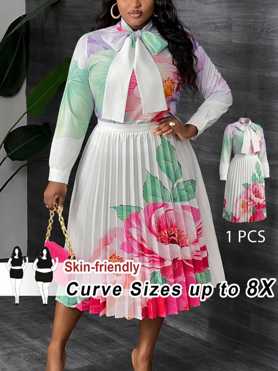 SHEIN CURVE+ فستان قميص مطبوع بالزهور للنساء مقاس كبير - متعدد الألوان - مشاهدة 1