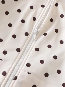 青少年女孩淺黃色與棕色波點連帽拉鍊運動外套，寬鬆落肩版型，長袖，針織面料，全幅復古數位波點印花，袖口棕色編織織帶飾邊，休閒隨性風格，適合通勤、上學、外出、度假，春/秋/冬穿著 - 黃色 - 查看 5