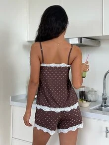 ZzzCrew Polka Dot Print Lace Trim Bow Front PJ Set - Brown - View 2