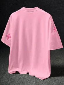 Manfinity EMRG 男士街頭風熱銷 INS 風格十字全印花毛巾刺繡日常穿搭白色 T 恤，男友丈夫禮物，週年紀念禮物 - 粉色 - 查看 2