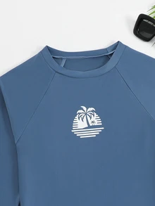 SHEIN Teen Boys Swimwear, Sun Protection Surfing Style, Main Body In Low-Saturation Gray-Green, White Coconut Tree Silhouette Print On Chest, Round Neck Long Sleeve Cut, Raglan Sleeve Design, Pants In Gray-Green Base Color With White Coconut Tree Silhouette Print, Loose Straight Knee-Length Fit - Blue - View 5
