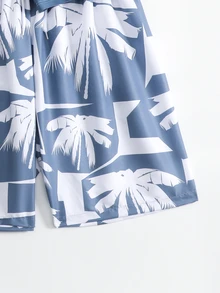 SHEIN Teen Boys Swimwear, Sun Protection Surfing Style, Main Body In Low-Saturation Gray-Green, White Coconut Tree Silhouette Print On Chest, Round Neck Long Sleeve Cut, Raglan Sleeve Design, Pants In Gray-Green Base Color With White Coconut Tree Silhouette Print, Loose Straight Knee-Length Fit - Blue - View 6