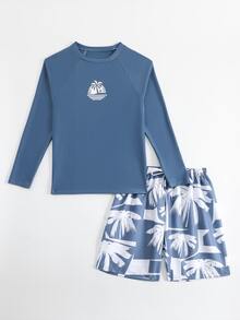 SHEIN Teen Boys Swimwear, Sun Protection Surfing Style, Main Body In Low-Saturation Gray-Green, White Coconut Tree Silhouette Print On Chest, Round Neck Long Sleeve Cut, Raglan Sleeve Design, Pants In Gray-Green Base Color With White Coconut Tree Silhouette Print, Loose Straight Knee-Length Fit - Blue - View 7