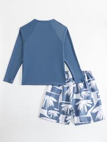 SHEIN Teen Boys Swimwear, Sun Protection Surfing Style, Main Body In Low-Saturation Gray-Green, White Coconut Tree Silhouette Print On Chest, Round Neck Long Sleeve Cut, Raglan Sleeve Design, Pants In Gray-Green Base Color With White Coconut Tree Silhouette Print, Loose Straight Knee-Length Fit - Blue - View 2