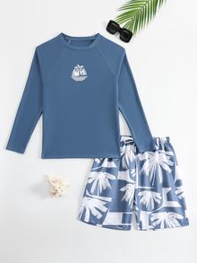 SHEIN Teen Boys Swimwear, Sun Protection Surfing Style, Main Body In Low-Saturation Gray-Green, White Coconut Tree Silhouette Print On Chest, Round Neck Long Sleeve Cut, Raglan Sleeve Design, Pants In Gray-Green Base Color With White Coconut Tree Silhouette Print, Loose Straight Knee-Length Fit - Blue - View 4