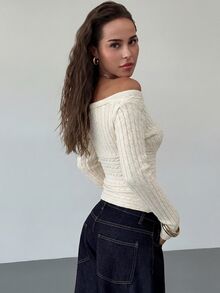 Aloruh 女款秋冬新款白色亮片扭繩針織保暖居家休閒法式優雅性感深V領長袖毛衣，適合早午餐、生日場合 - 白色 - 查看 7