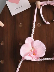 Swim Mod 女士纯色串珠3D花朵装饰露背系带性感泳衣上装，适合海滩度假 - 粉色 - 查看 3