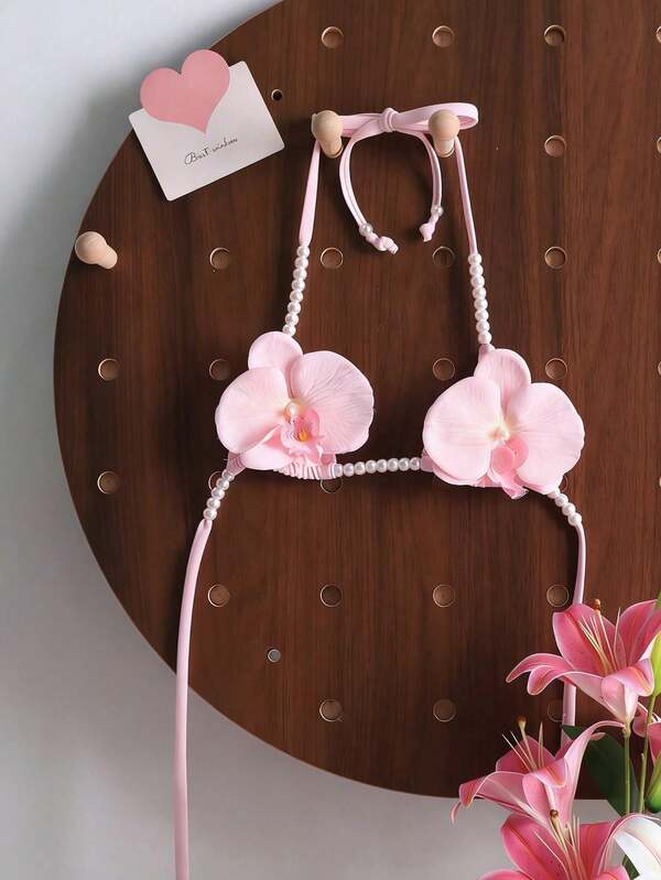 Swim Mod Women's Solid Color Beaded 3D Flower Decor Halter Tie Back Sexy Swimwear Top For Beach Vacation