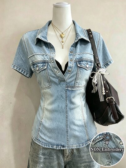 Lalippa Women's Denim Effect Print Short Sleeve Casual T-Shirt